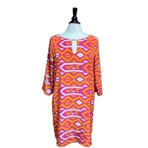 Zoe Sundae Pink & Orange Print Keyhole 3/4 Sleeve Dress Size XL